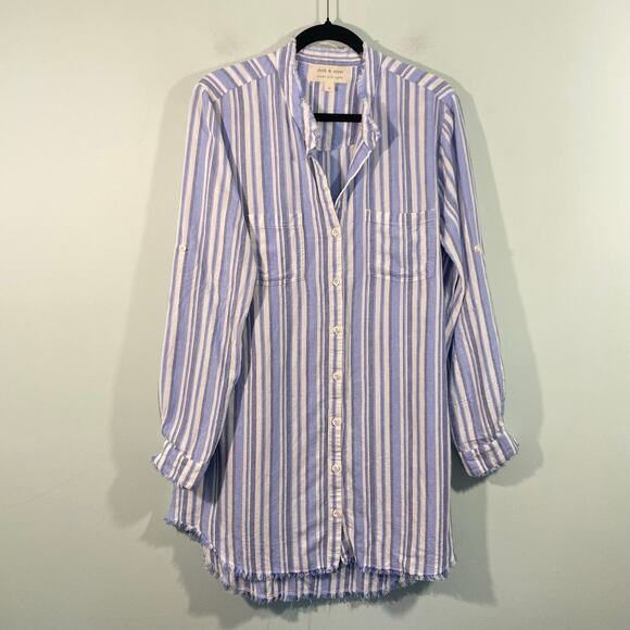 Cloth & Stone Blue Striped Linen Blend Long Sleeve Coastal Shirt Dress Size L - Picture 1 of 8